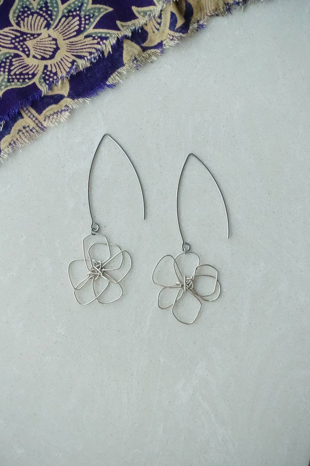Silver Dangle Earrings With Flowers From Wire Handmade Silver Flower