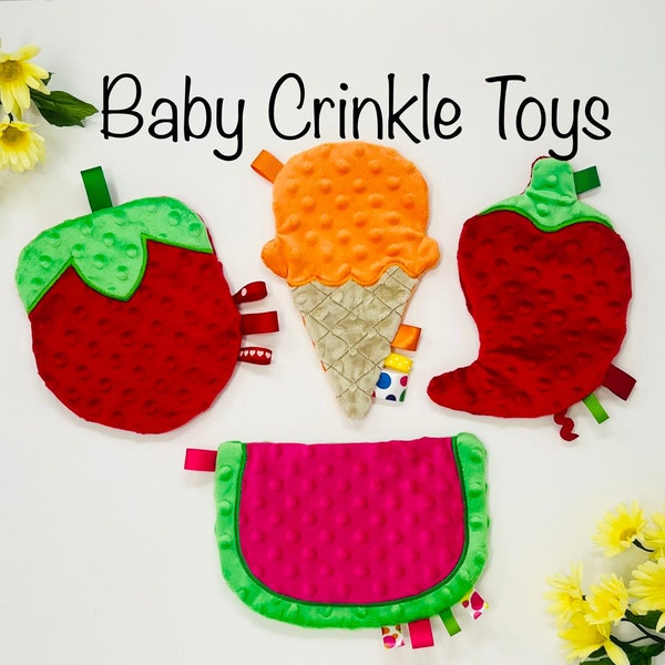 BABY CRINKLE SENSORY Toy, 3-9mo.  Baby's Favorite, Fun Shapes, Bright Colors, Huggable, Tactile Ribbons, Noisy Crinkle, Perfect Baby Gift