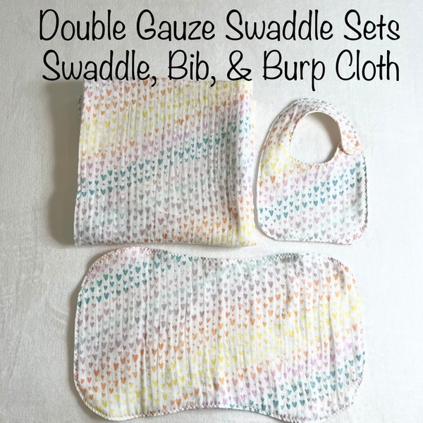 BABY SWADDLE SETS in Soft Double Cotton Gauze, Swaddle Provides Security, a Bib and Burp Cloth are Wonderful Gifts a New Mom Will Appreciate