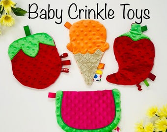 BABY CRINKLE SENSORY Toy, 3-9mo.  Baby's Favorite, Fun Shapes, Bright Colors, Huggable, Tactile Ribbons, Noisy Crinkle, Perfect Baby Gift