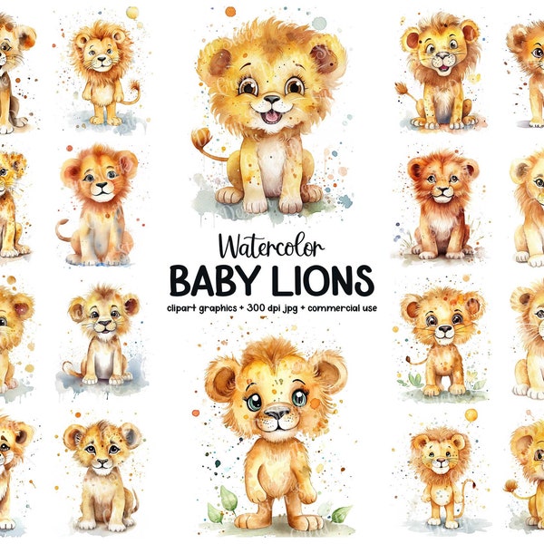 Joli bébé Lion Clipart Bundle, aquarelle Animal Illustration Printable Art Set, Adorable Lion Cub Clipart, 29 fichiers JPG, usage Commercial