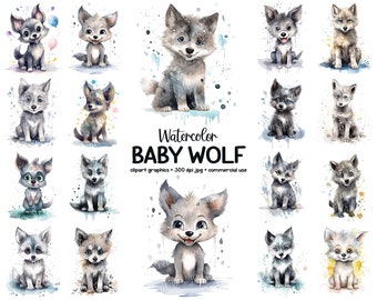 Cute Baby Wolf Clipart Bundle, Watercolor Animal Illustration Printable Art Set, Adorable Wolf Clipart, 33 JPG Files, Commercial Use