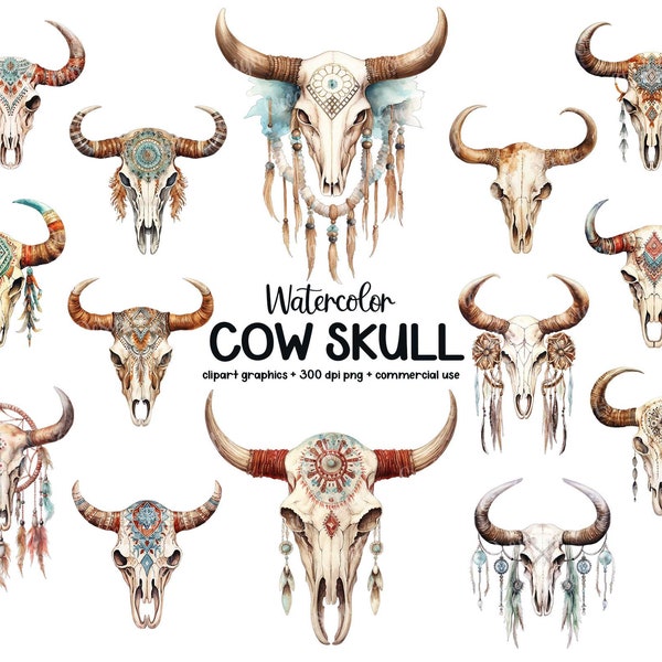 Western Bull Skull Clipart PNG, Watercolor Clip Art Bundle, Junk Journal, Paper Craft, Scrapbook, Digital Instant Download, Commercial Use