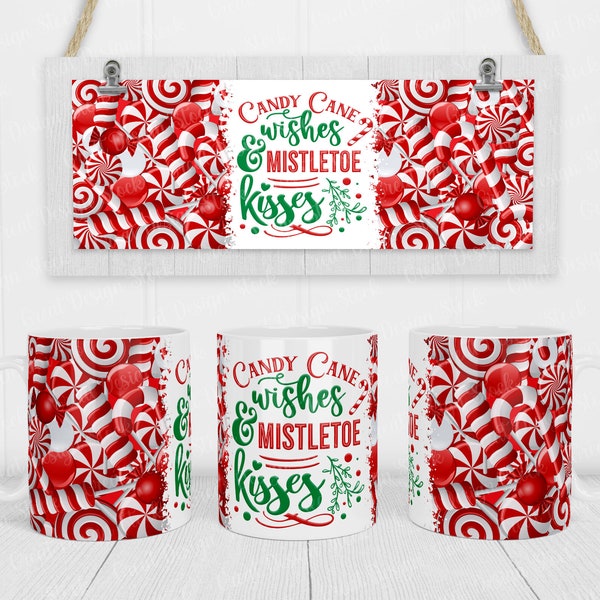 Candy Cane Mug Sublimation Design, 11 oz - 15 oz Christmas Mug Sublimate Designs, Cricut Coffee Mug Press Wrap PNG File, Digital Download