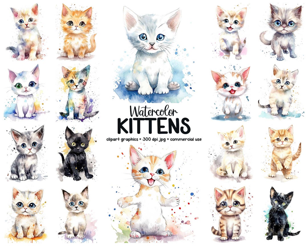 Cute Kitten Clipart Bundle, Watercolor Animal Illustration Printable ...