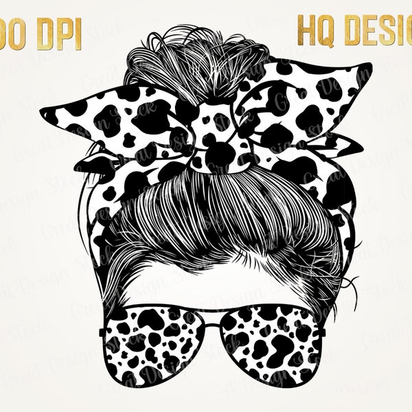 Cow Print Messy Bun Hair Sublimation Design, Sunglasses Hairband PNG, Cow Print Mama PNG, Digital Download, 300 DPI - Commercial Use