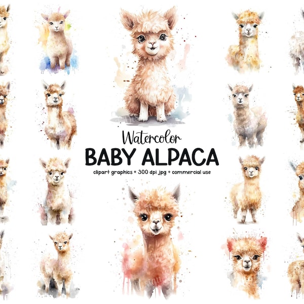 Joli bébé alpaga Clipart Bundle, aquarelle Animal Illustration Printable Art Set, Adorable alpaga Cub Clipart, 32 fichiers JPG, usage Commercial