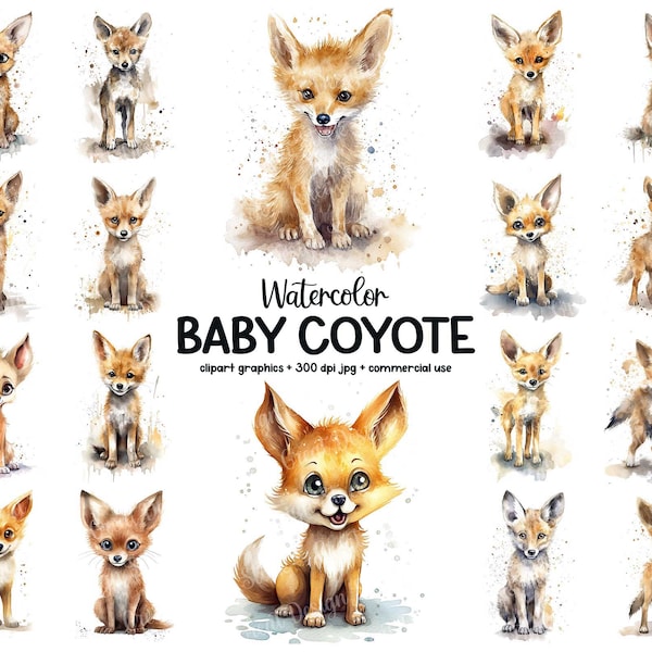 Cute Baby Coyote Clipart Bundle, Watercolor Animal Illustration Printable Art Set, Adorable Coyote Cub Clipart, 25 JPG Files, Commercial Use