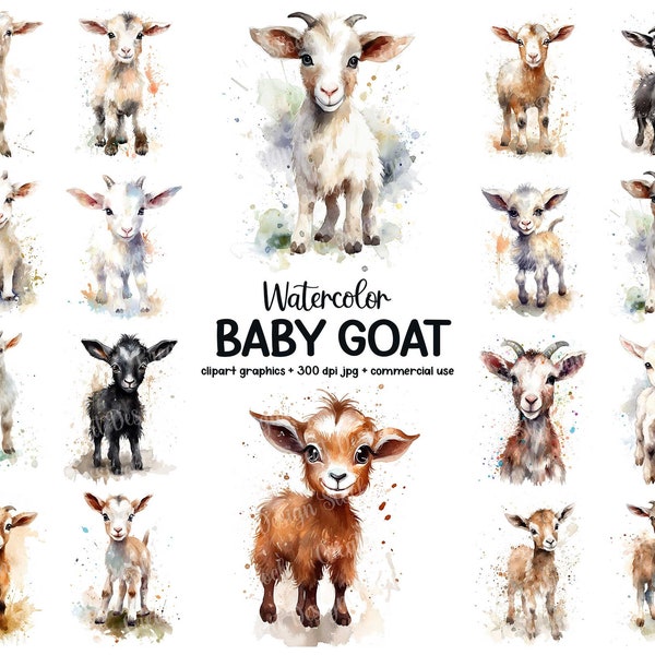 Cute Baby Goat Clipart Bundle, Watercolor Animal Illustration Printable Art Set, Adorable Goat Clipart, 42 JPG Files, Commercial Use