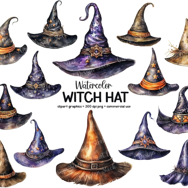 Witch Hat Clipart PNG, Watercolor Clip Art Bundle, Junk Journal, Paper Craft, Scrapbook, Digital Instant Download, Commercial Use