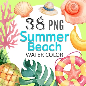 Tropical Beach Watercolor Clipart Set: Summer Decor PNG Bundle (Digital Download)