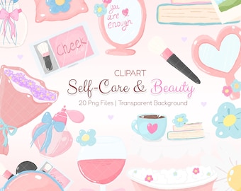 Op de afbeelding: Een digitale illustratieset met self-care en beauty items, waaronder een roze spiegel met de tekst you are enough, een blush palet met de tekst cheek, een make-up kwast, een parfumfles, een badkuip, een wijnglas en diverse bloemen.