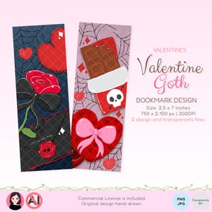 Op de afbeelding: Twee Valentine's Goth boekenlegger ontwerpen. Eén heeft een rood hart met een zwarte strik en roos, de andere een chocoladereep en een hart met een roze strik. De boekenleggers zijn 6,35 cm x 17,78 cm.