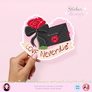 Può includere: Un design di adesivo con una rosa rossa con un fiocco nero, una busta nera con un sigillo a teschio e le parole "Love Neverdie". Il design è su uno sfondo rosa a forma di cuore con il testo "Sticker design".
