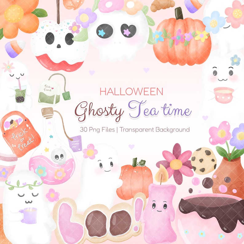 Cozy Ghost Tea Time Clip Art: Kawaii Halloween PNG Set (30 Files) - Etsy