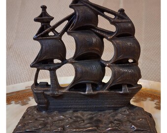 Vintage Cast Iron Galleon Ship Bookend Elizabeth 1558-1603 Nautical Decor