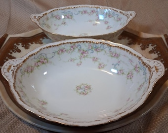 Theodore Haviland Limoges France Pink Floral Gold Trim Oval Serving Bowls Set 2