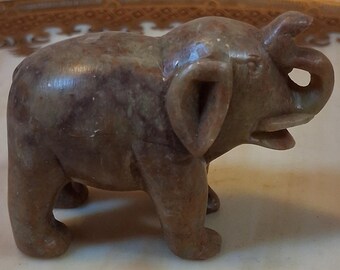 Vintage Hand Carved Soapstone Elephant Figurine Trunk Up Good Luck Stone Decor