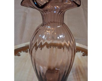 Vintage Amethyst Purple Glass Vase Ruffled Rim Optic Ribbed Design 8 Inch