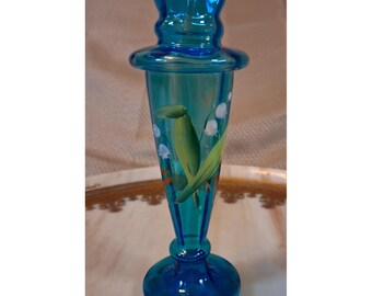 Vintage Turquoise Blue Glass Bud Vase Hand Painted Lily of the Valley Floral 6in