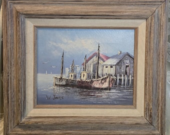 W Jones Original Oil Painting Harbor Scene Fishing Boats Rustic Wood Frame 8x10