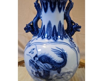 Vintage Chinese Blue White Porcelain Dragon Phoenix Vase Dragon Handles 10"