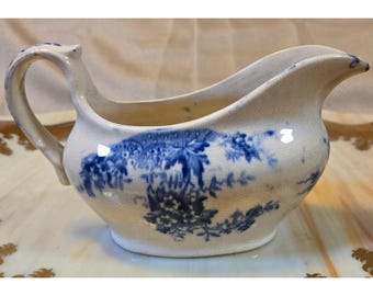 Antique Flow Blue Floral Gravy Boat Sauce Pitcher Ceramic Crazed Farmhouse Decor