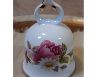 Flambro Summer Rose Fine Bone China Bell Vintage Floral Gold Trim Pink White