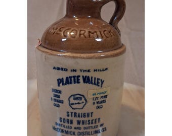 Vintage McCormick Platte Valley Corn Whiskey Stoneware Jug 1/2 Pint 168-69 5.25"