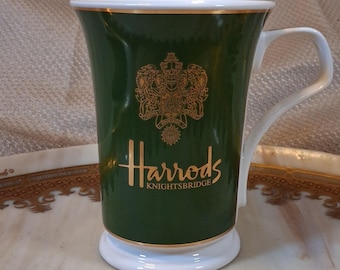 Harrods Knightsbridge Fine Bone China Mug Green Gold Crest Made in England 4.25"