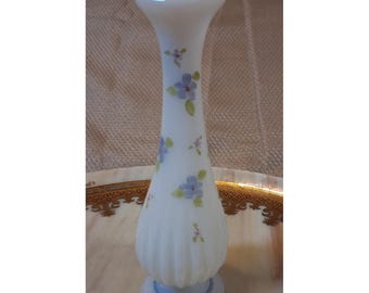 Fenton Milk Glass Bud Vase Hand Painted Floral Valory Shuck Ruffled 6.75in