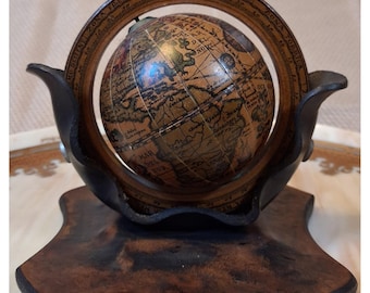 Vintage Miniature Desk Globe Leather Saddle Holder Wood Base Antique Style 5in