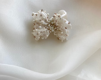 Barrettes à noeuds en soie, Accessoires pour cheveux pour femmes, Barrette à noeuds en pure soie, Barrette à broderie de perles, Barrette en cristal, Cadeau de Noël