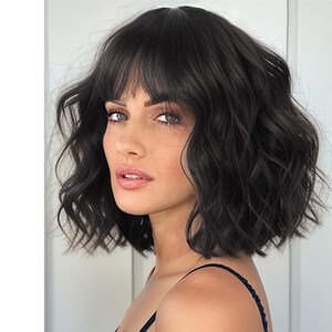 Black Short Wavy Bob Wig with Bangs, wigs for women,cosplay wigs