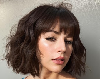 Dark Brown Short Wavy Bob Wig with Bangs, wigs for women,cosplay wigs