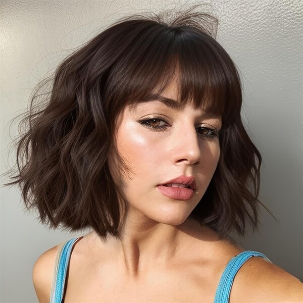 Dark Brown Short Wavy Bob Wig with Bangs, wigs for women,cosplay wigs