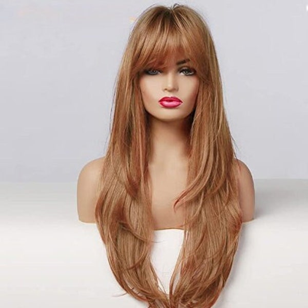 26" Long Straight Natural Auburn Ginger Copper Wig with Bangs