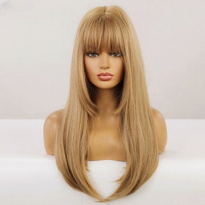 Long Light Blonde Layered Straight with Bangs Wig for Women
