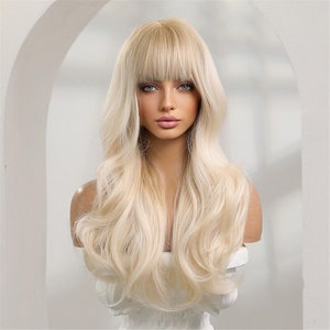 Long Wavy Platinum Blonde with Bangs for Natural Heat Resistant Wig for Women