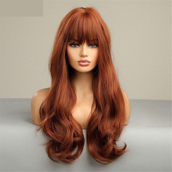 Copper Red Long Wavy Hair with Bangs Wig for Women