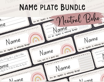 May include: Ten variations of a name plate with a rainbow and heart design. The name plates are on a black background with white text. The text on the name plates reads "You are capable of amazing things!" and "Today will be a great day!" There are also mini name tags included.