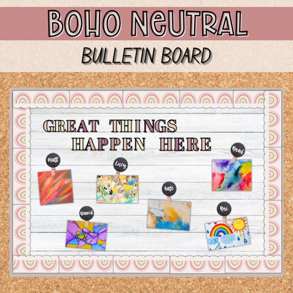 Neutral Classroom Bulletin Board | EDITABLE Bulletin Board Template | Boho Rainbow Classroom Decor | Great Things Happen Here Bulletin Board
