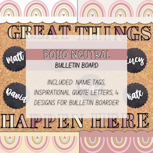 Neutral Classroom Bulletin Board | EDITABLE Bulletin Board Template | Boho Rainbow Classroom Decor | Great Things Happen Here Bulletin Board