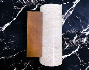 Travertine Japandi Wall Sconce - Wood Backplate Minimalist Cylinder Wall Light for Bedside