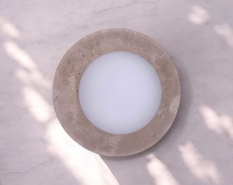 Travertine Halo Wall Sconce - Dimmable Glass Globe Light with Wood Backplate