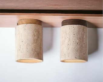 Travertine Cylinder Modern Ceiling Light - Wood Canopy Flush Mount for Kitchen & Bedroom