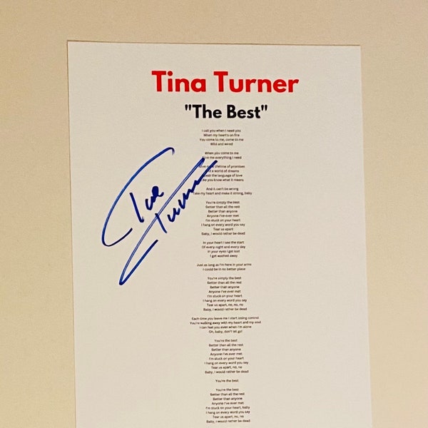 Tina Turner "The Best" Signed A4 Lyric Sheet