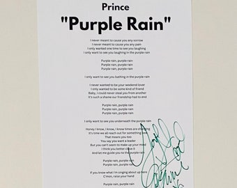 Prince "Purple Rain" Signed A4 Lyric Sheet