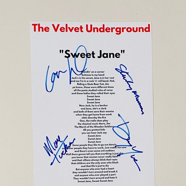 The Velvet Underground « Sweet Jane » Feuille de paroles A4 signée