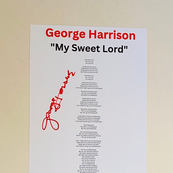 George Harrison "My Sweet Lord" Signed A4 Lyric Sheet